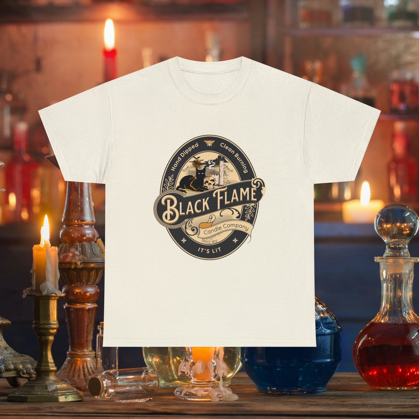 Black Flame Candle Company Black Cat Spooky Halloween Witch Shirt