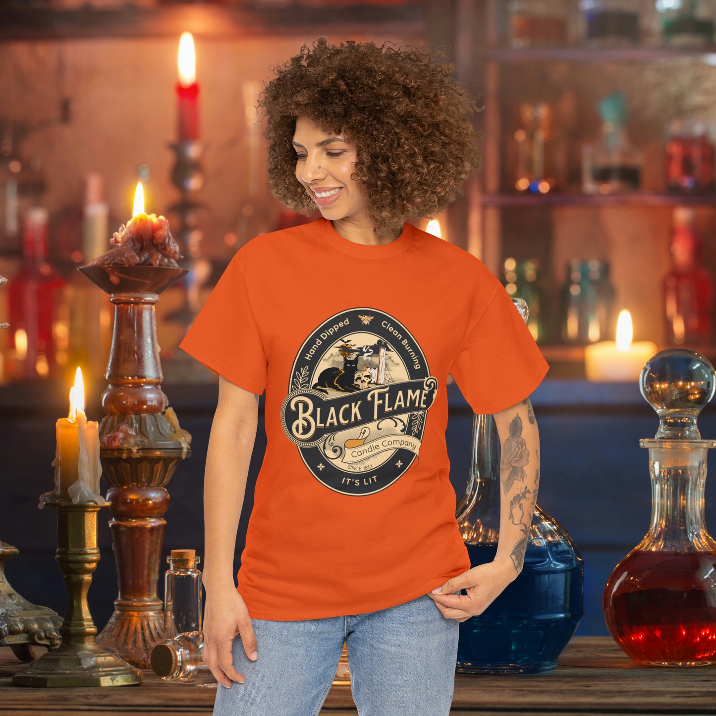 Black Flame Candle Company Black Cat Spooky Halloween Witch Shirt