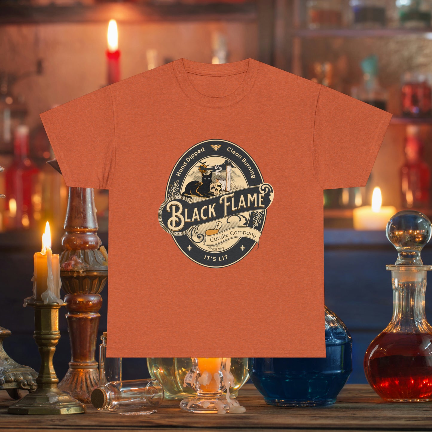 Black Flame Candle Company Black Cat Spooky Halloween Witch Shirt