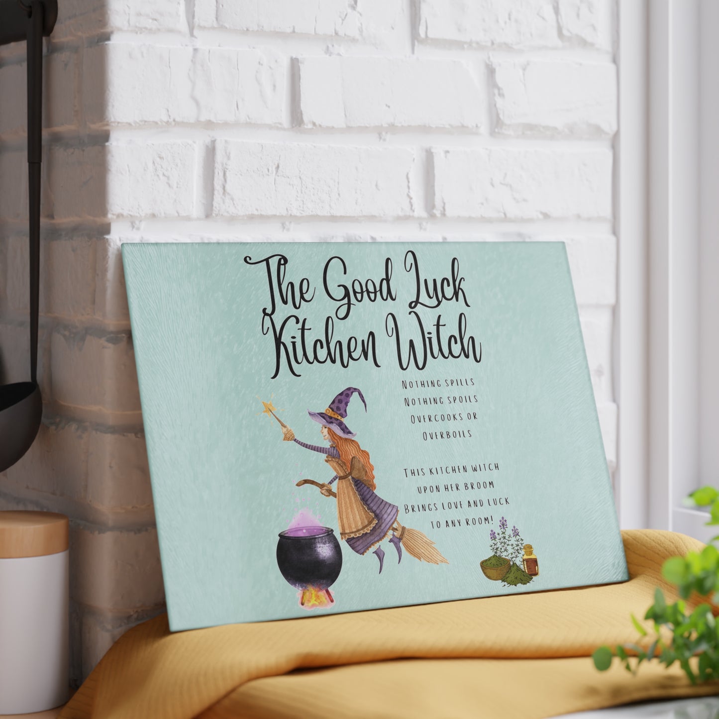 The Good Luck Kitchen Witch Glass Cutting Board