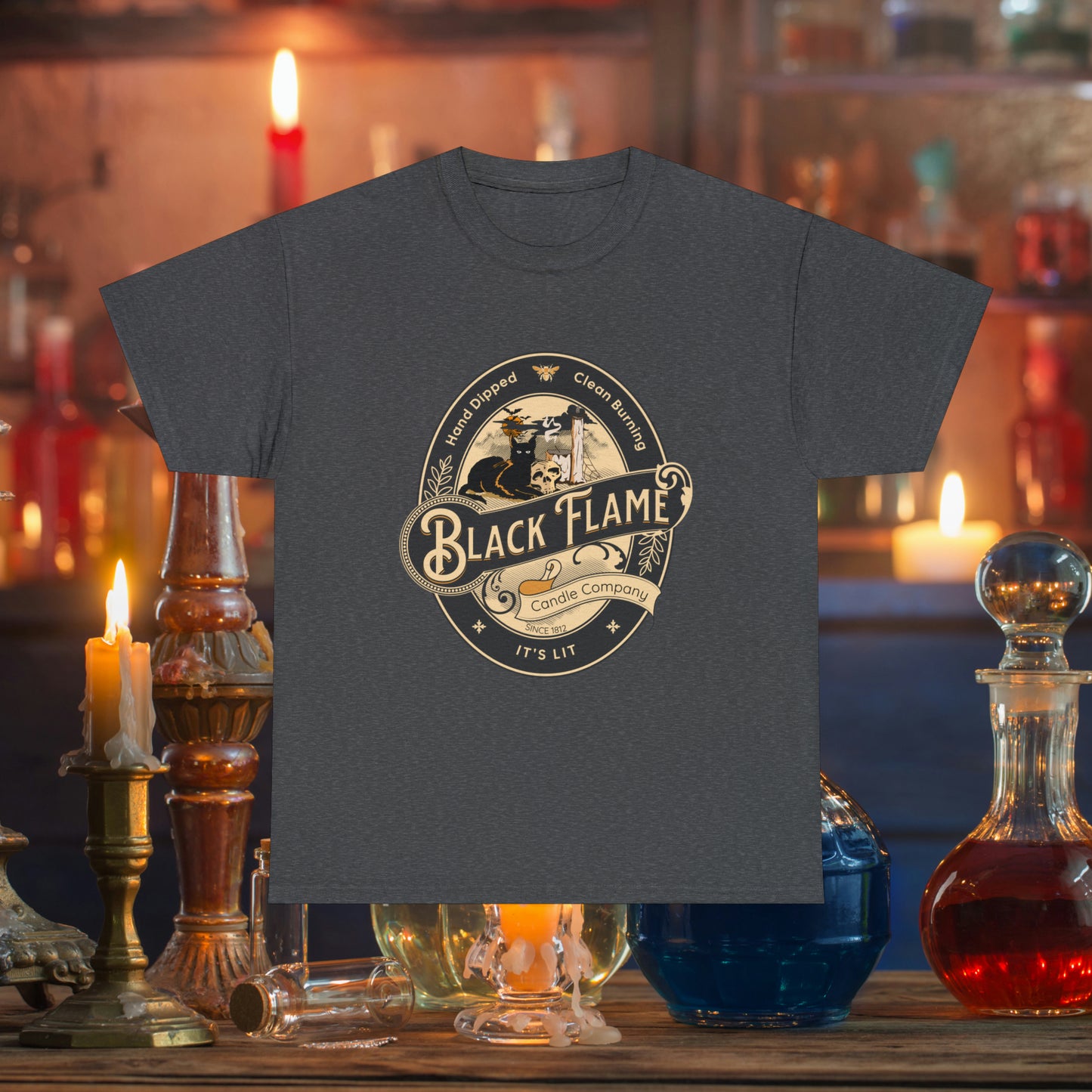 Black Flame Candle Company Black Cat Spooky Halloween Witch Shirt