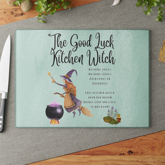 The Good Luck Kitchen Witch Glass Cutting Board