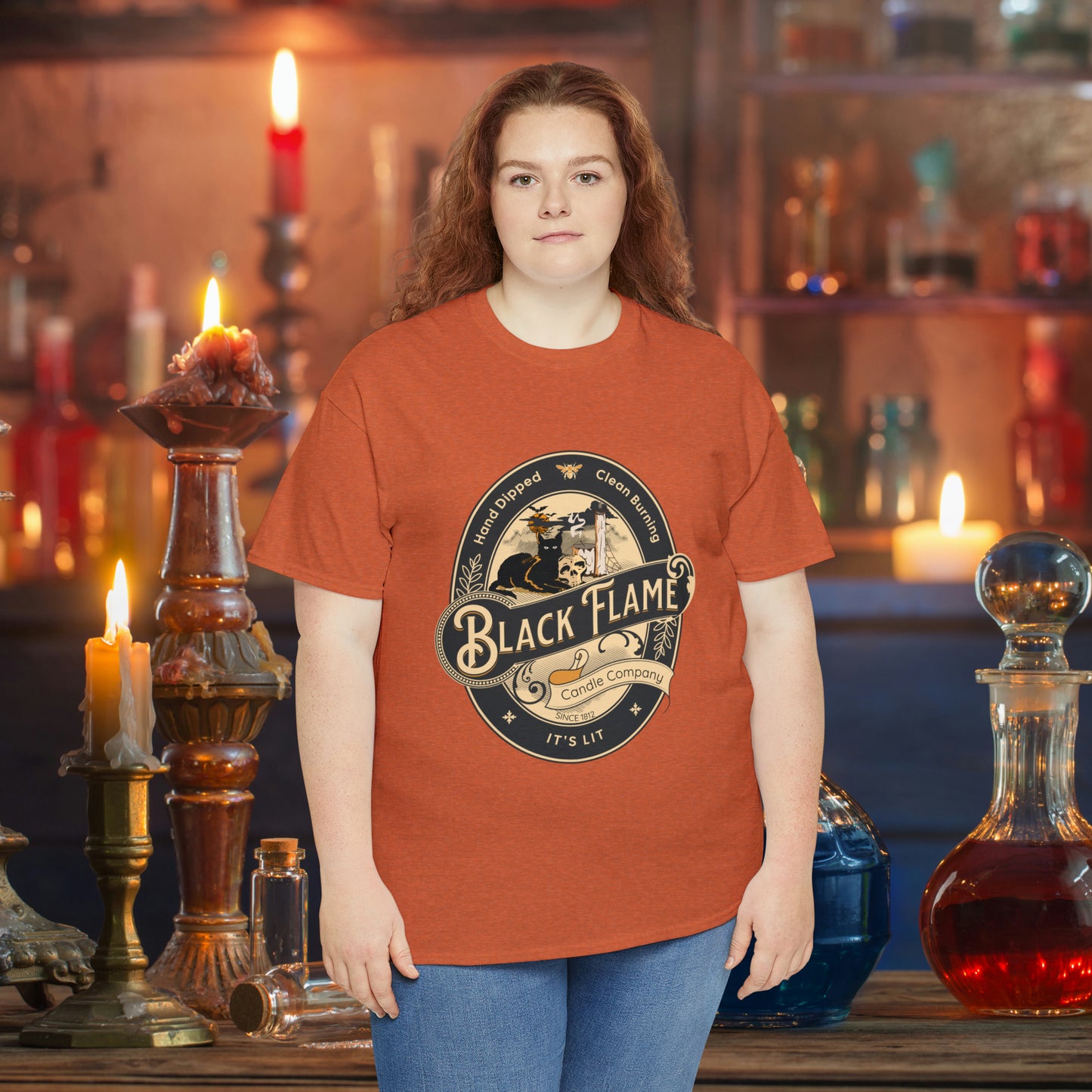 Black Flame Candle Company Black Cat Spooky Halloween Witch Shirt