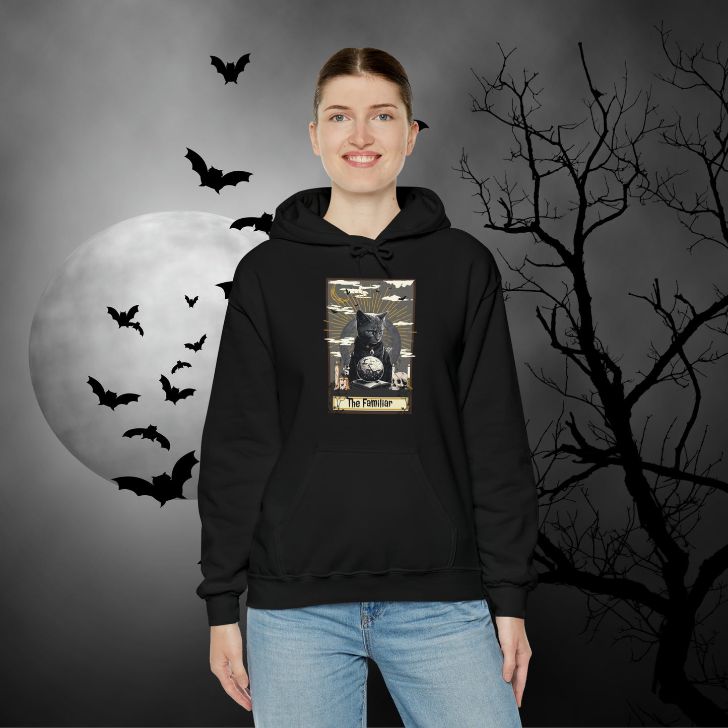 The Familiar Black Cat Tarot Card Hooded Sweatshirt