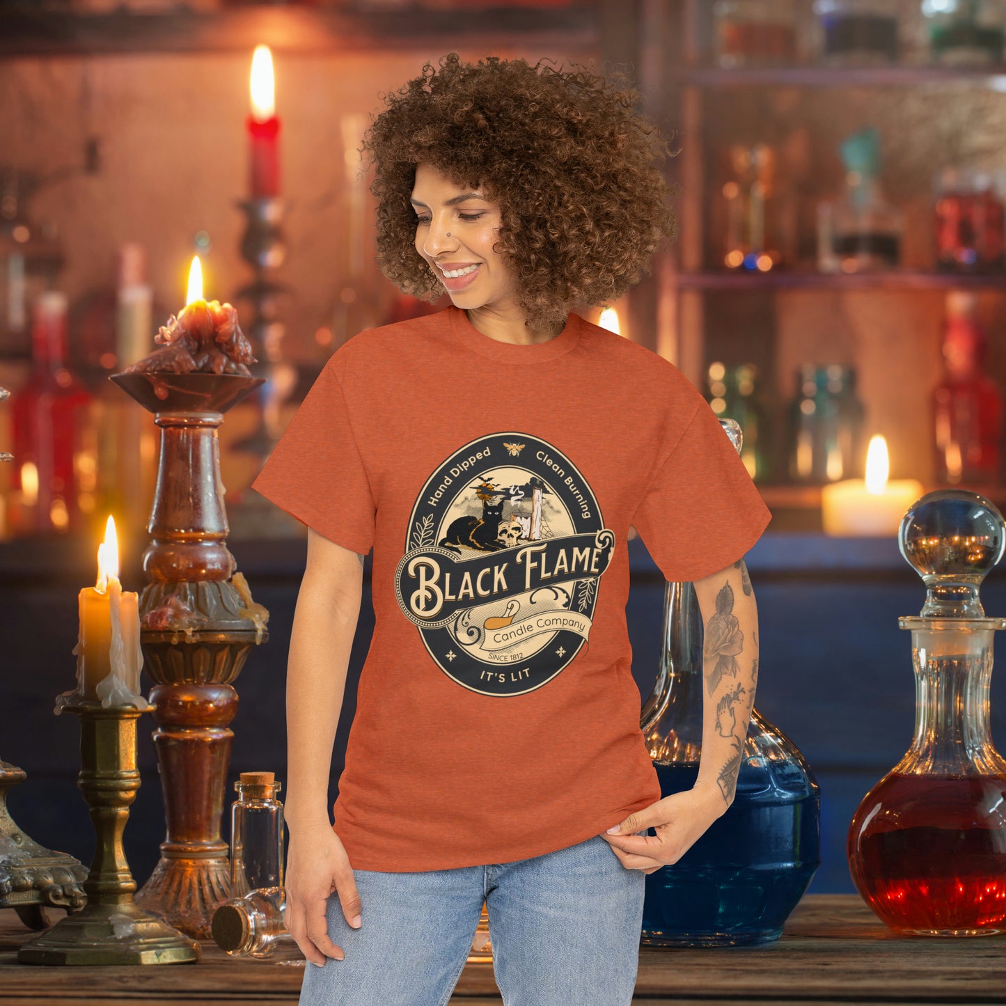 Black Flame Candle Company Black Cat Spooky Halloween Witch Shirt