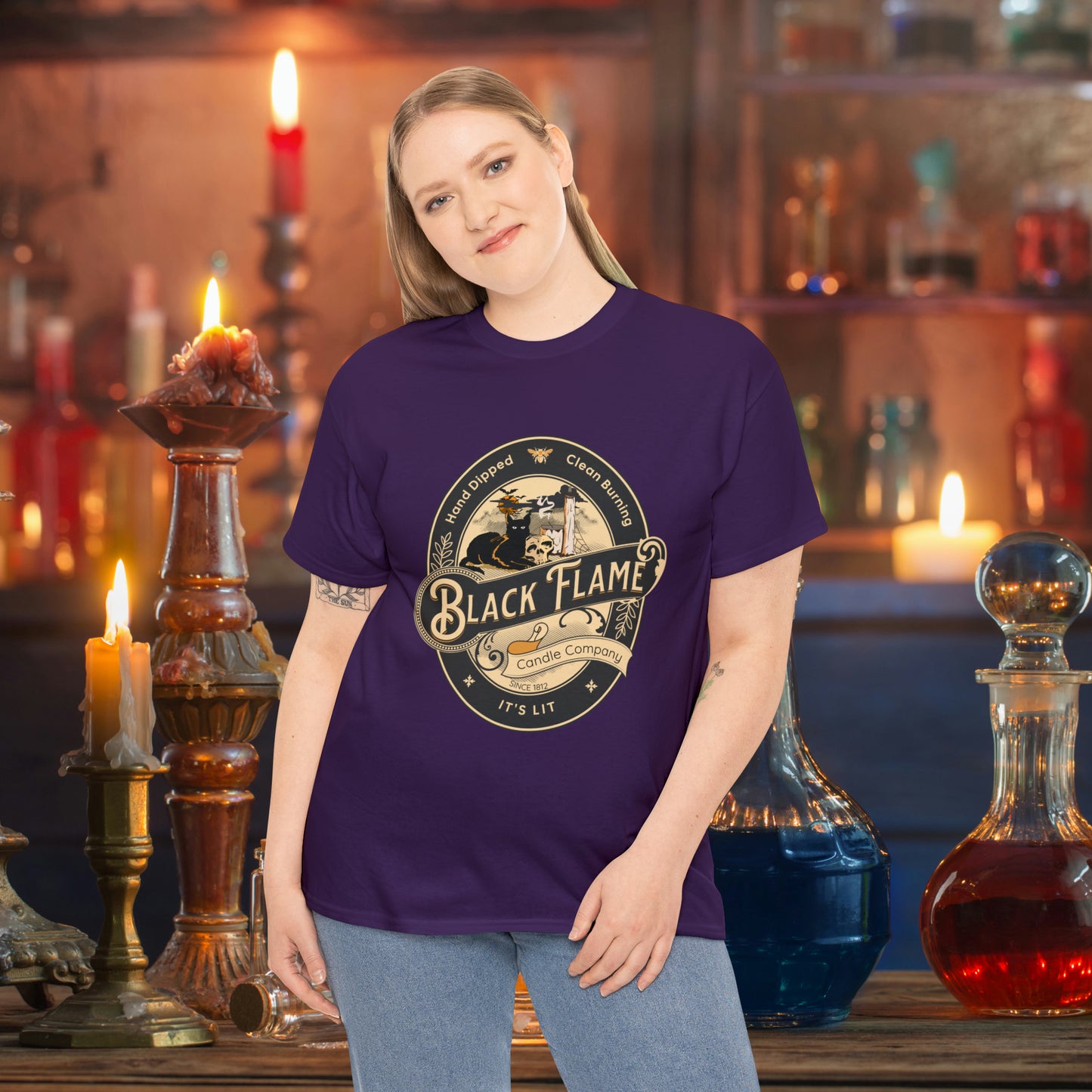 Black Flame Candle Company Black Cat Spooky Halloween Witch Shirt