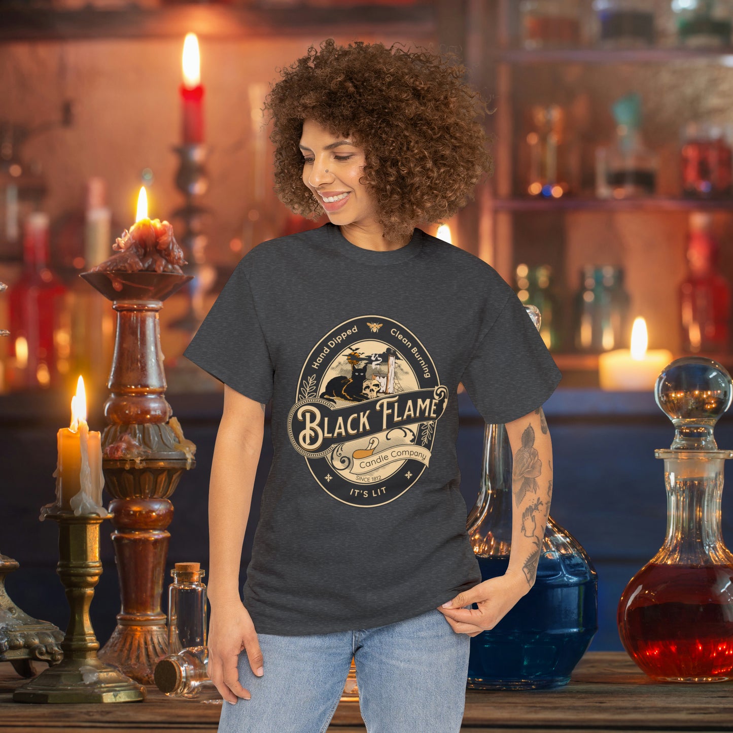 Black Flame Candle Company Black Cat Spooky Halloween Witch Shirt