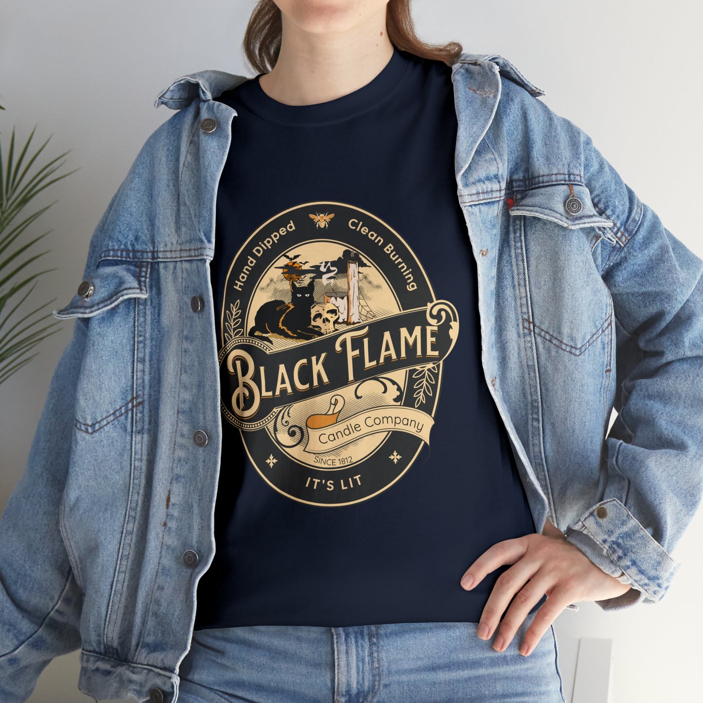 Black Flame Candle Company Black Cat Spooky Halloween Witch Shirt