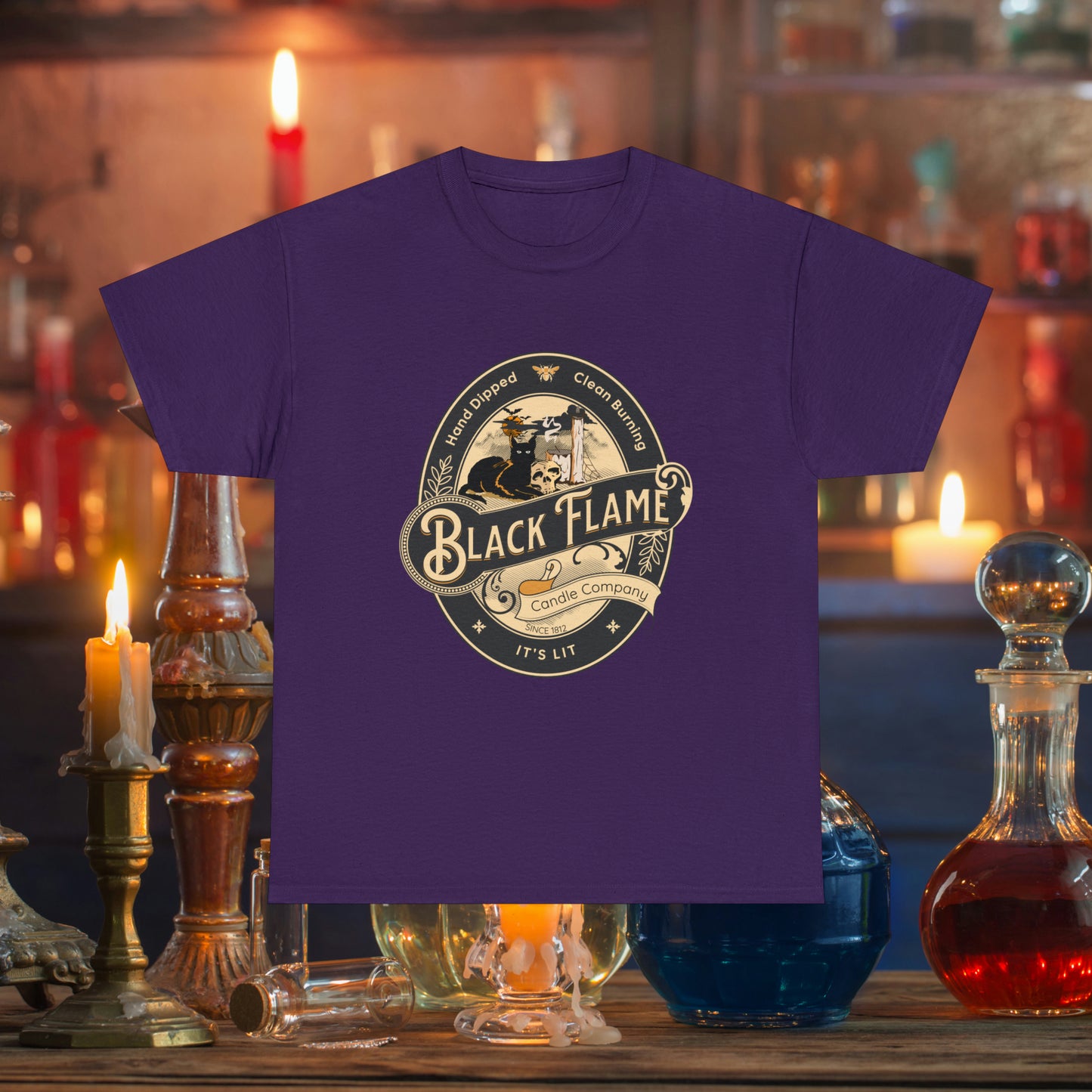 Black Flame Candle Company Black Cat Spooky Halloween Witch Shirt