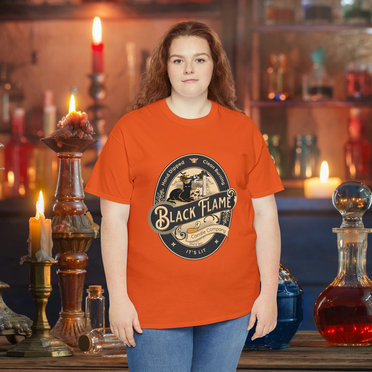 Black Flame Candle Company Black Cat Spooky Halloween Witch Shirt