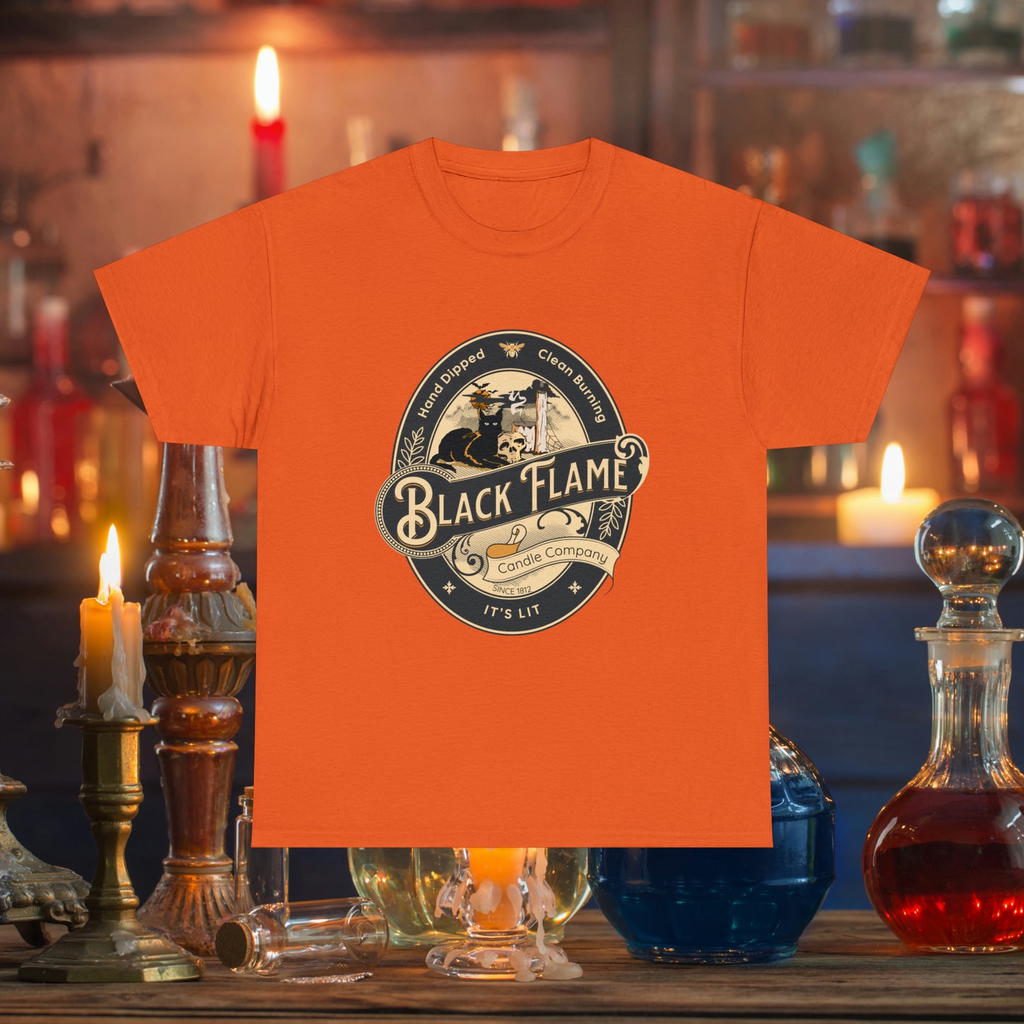 Black Flame Candle Company Black Cat Spooky Halloween Witch Shirt