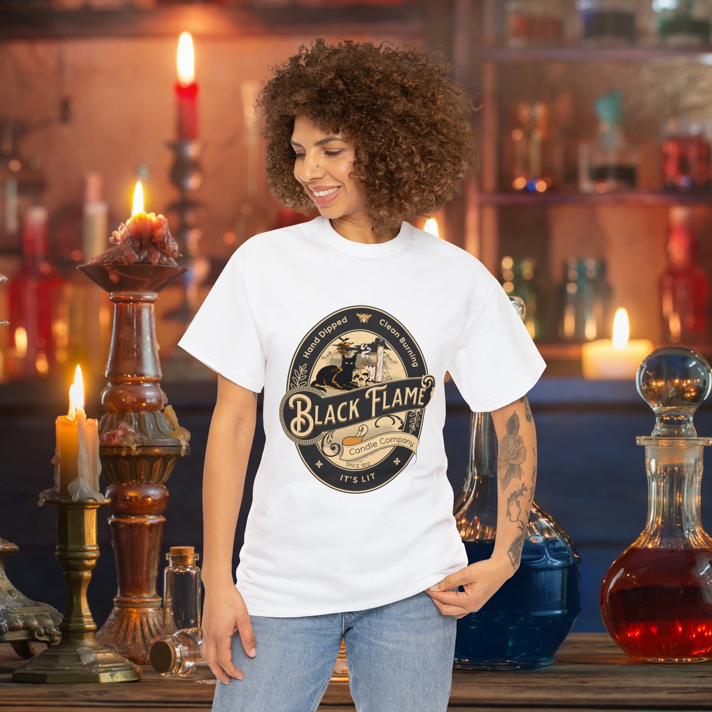 Black Flame Candle Company Black Cat Spooky Halloween Witch Shirt