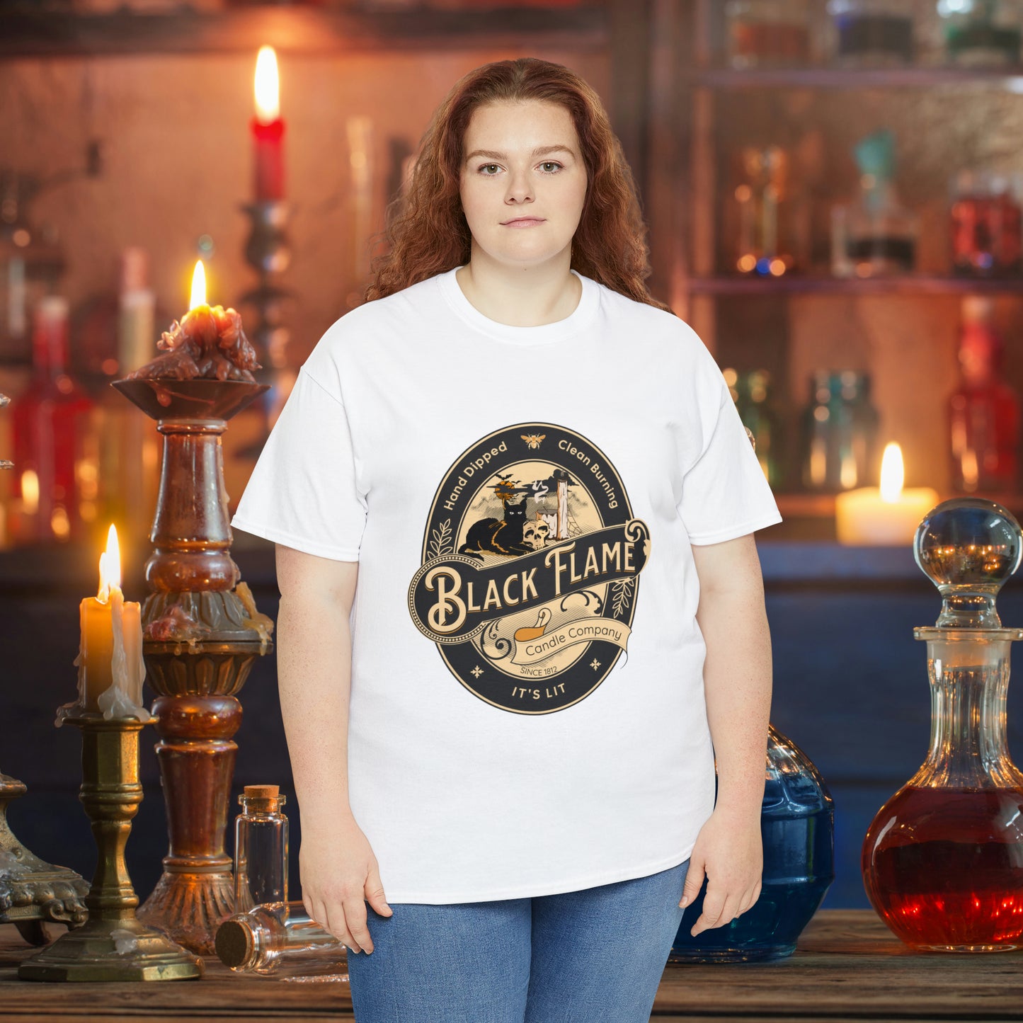 Black Flame Candle Company Black Cat Spooky Halloween Witch Shirt