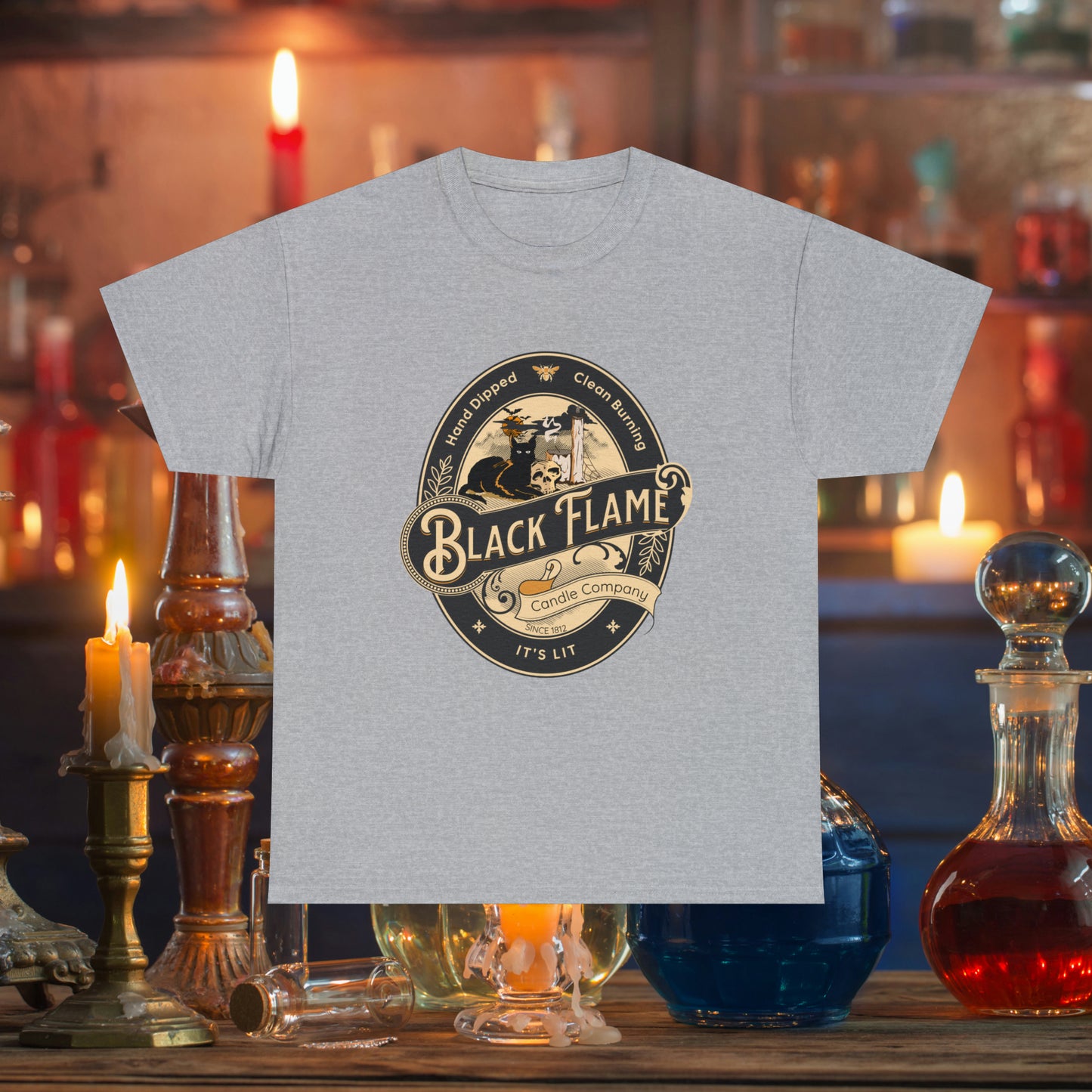 Black Flame Candle Company Black Cat Spooky Halloween Witch Shirt