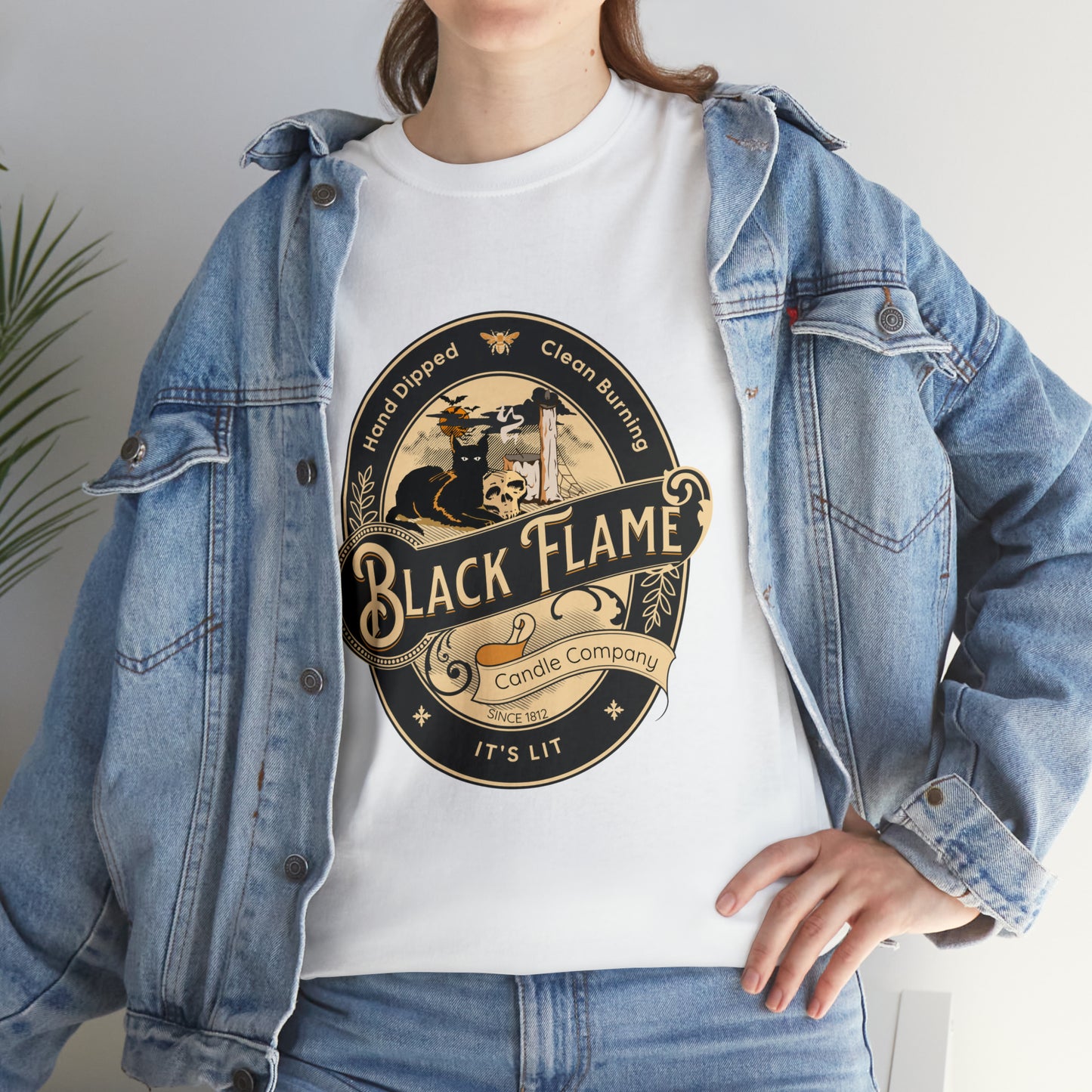 Black Flame Candle Company Black Cat Spooky Halloween Witch Shirt