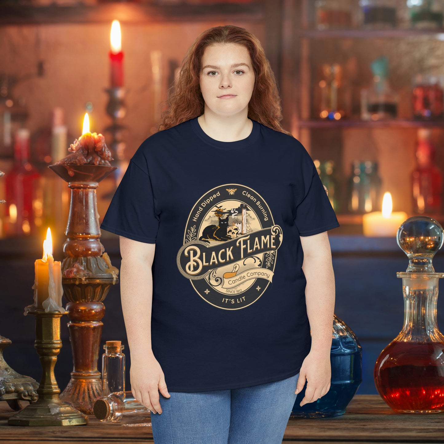 Black Flame Candle Company Black Cat Spooky Halloween Witch Shirt