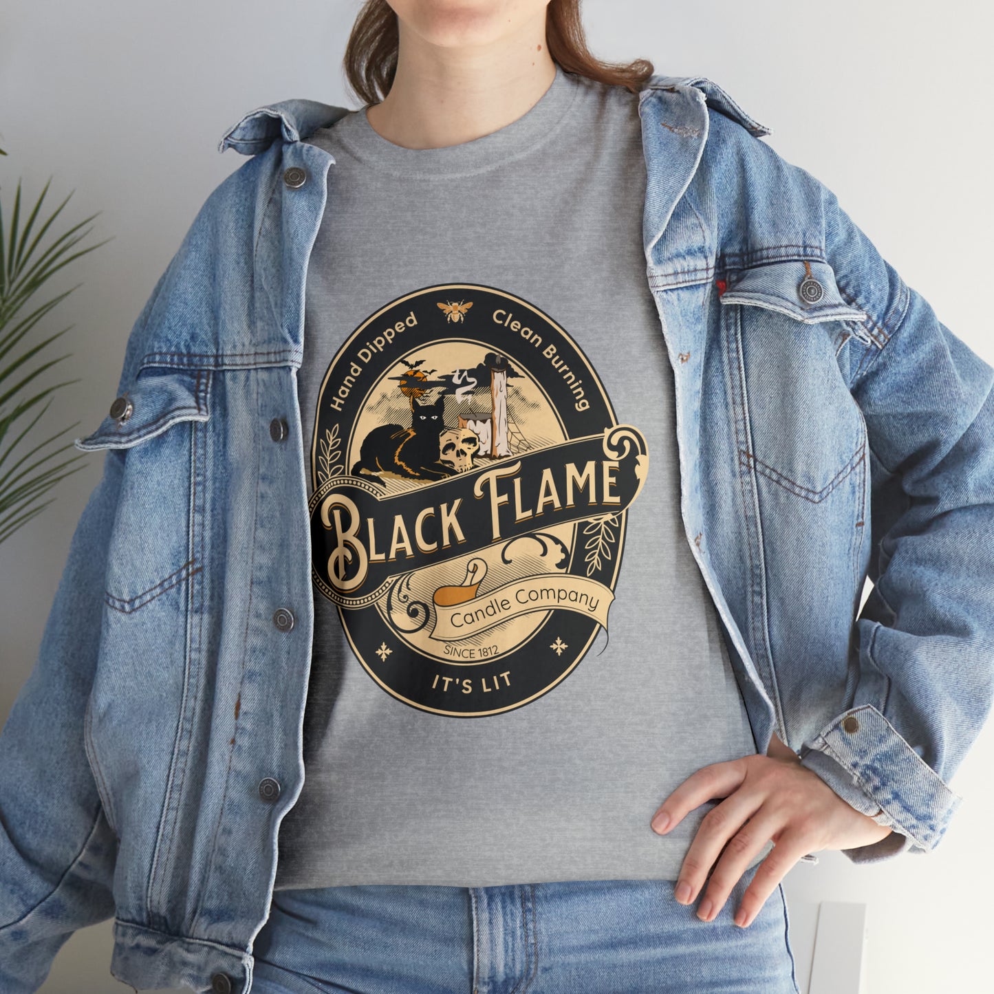 Black Flame Candle Company Black Cat Spooky Halloween Witch Shirt