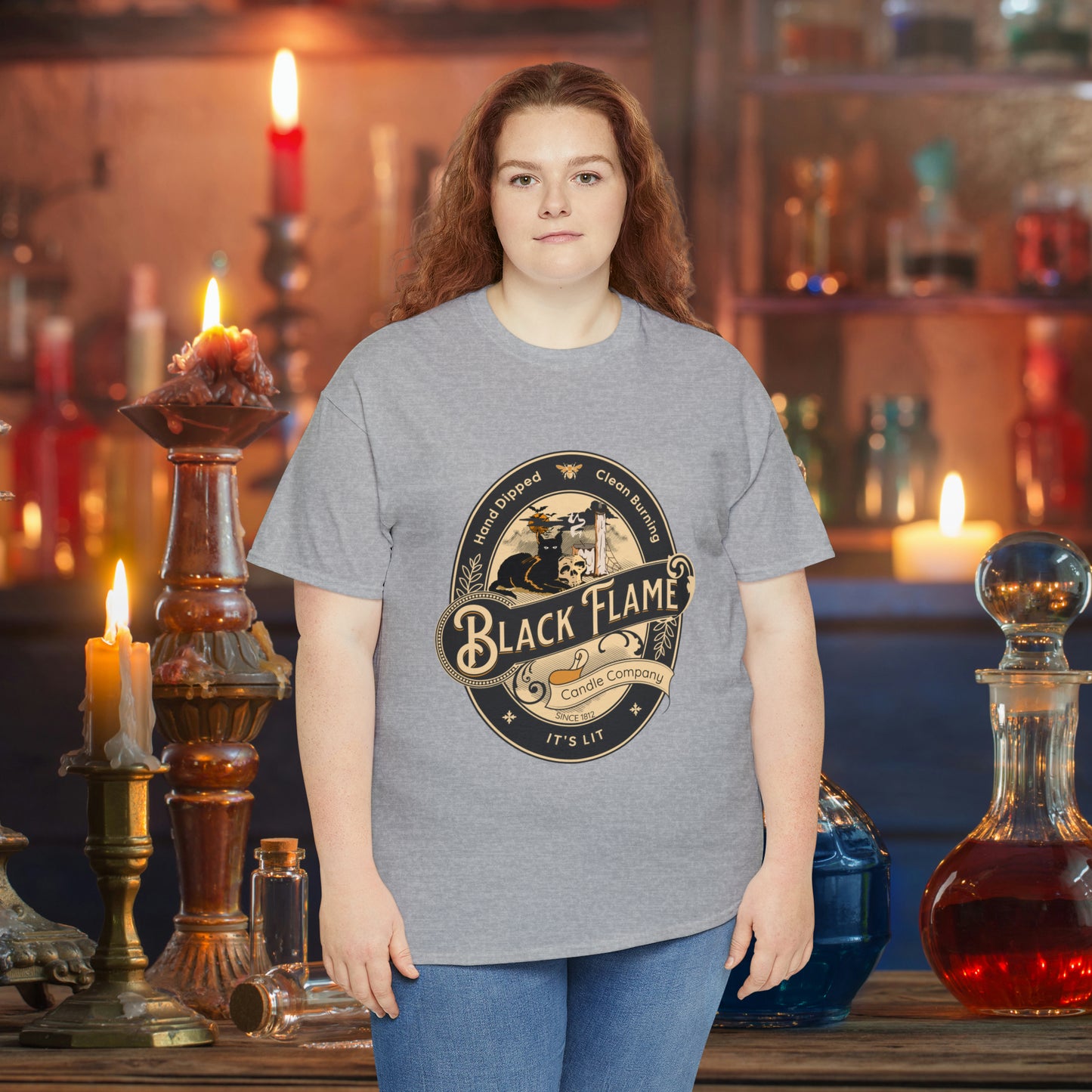 Black Flame Candle Company Black Cat Spooky Halloween Witch Shirt