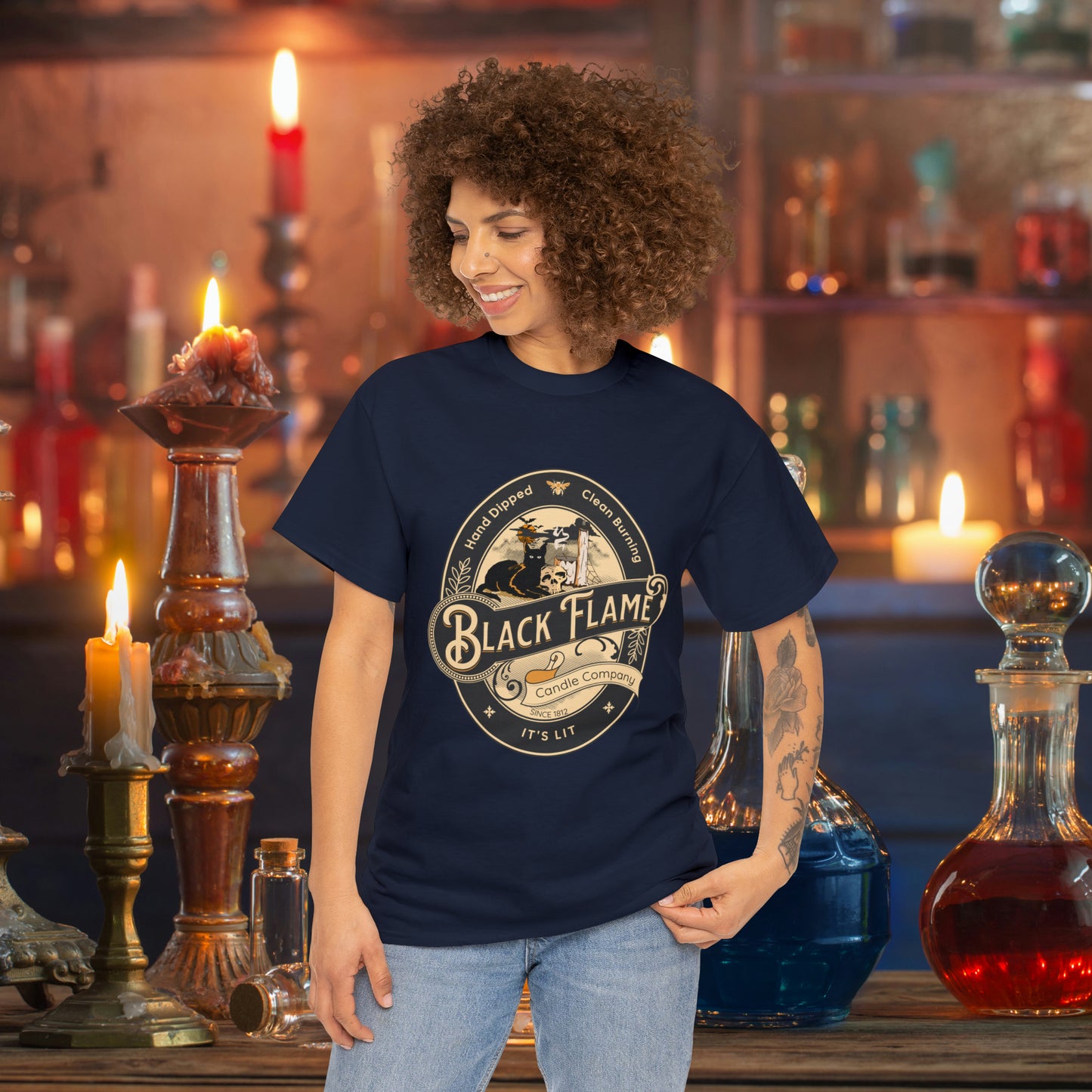 Black Flame Candle Company Black Cat Spooky Halloween Witch Shirt