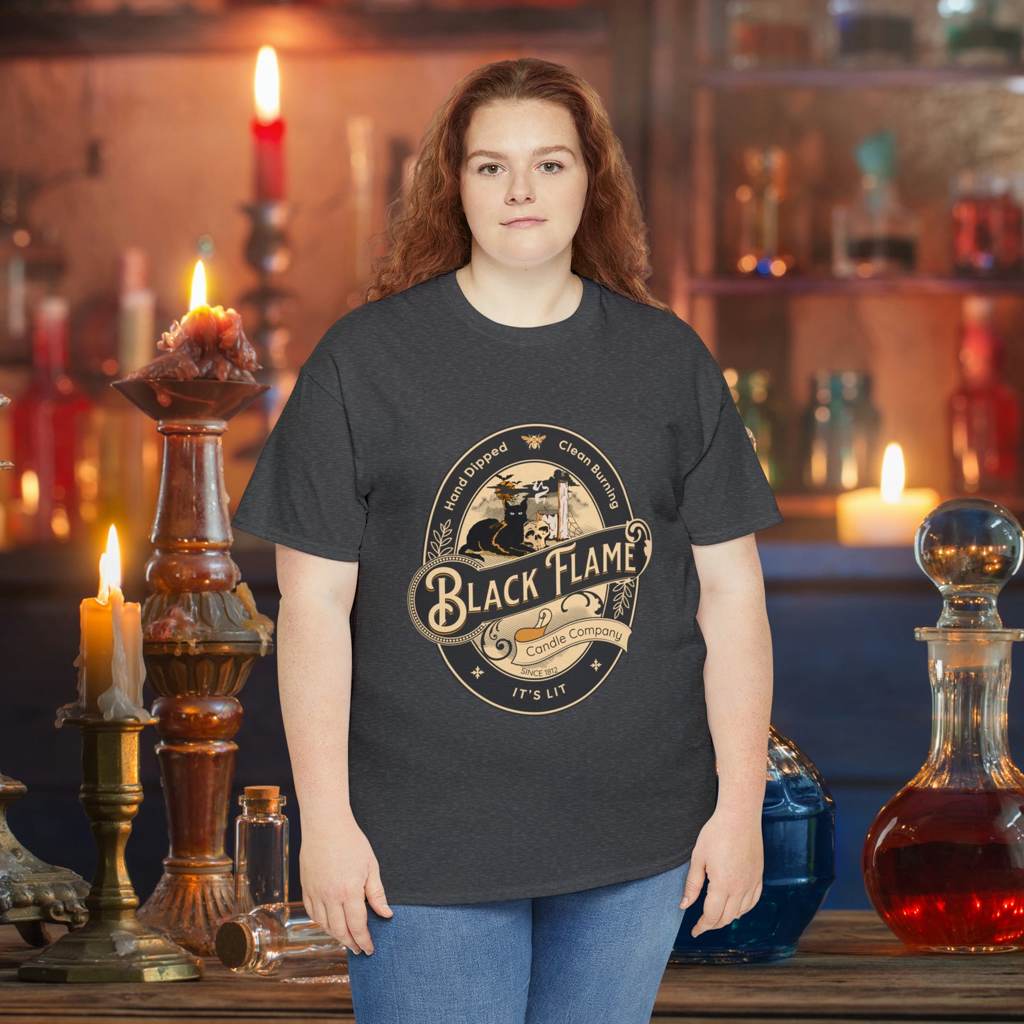 Black Flame Candle Company Black Cat Spooky Halloween Witch Shirt