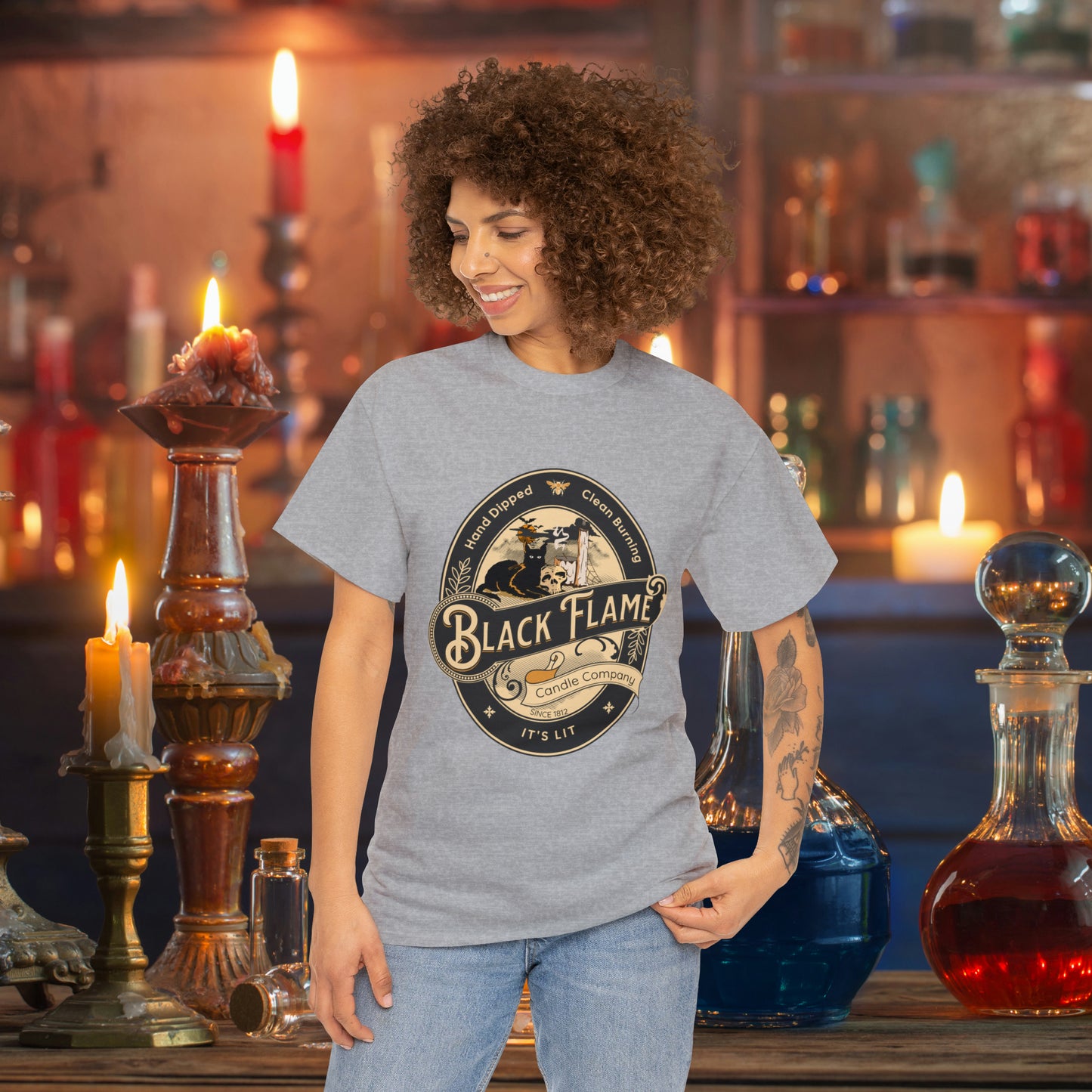 Black Flame Candle Company Black Cat Spooky Halloween Witch Shirt