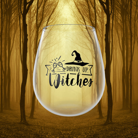 Drink Up Witches Funny Halloween Wine Glass Stemless