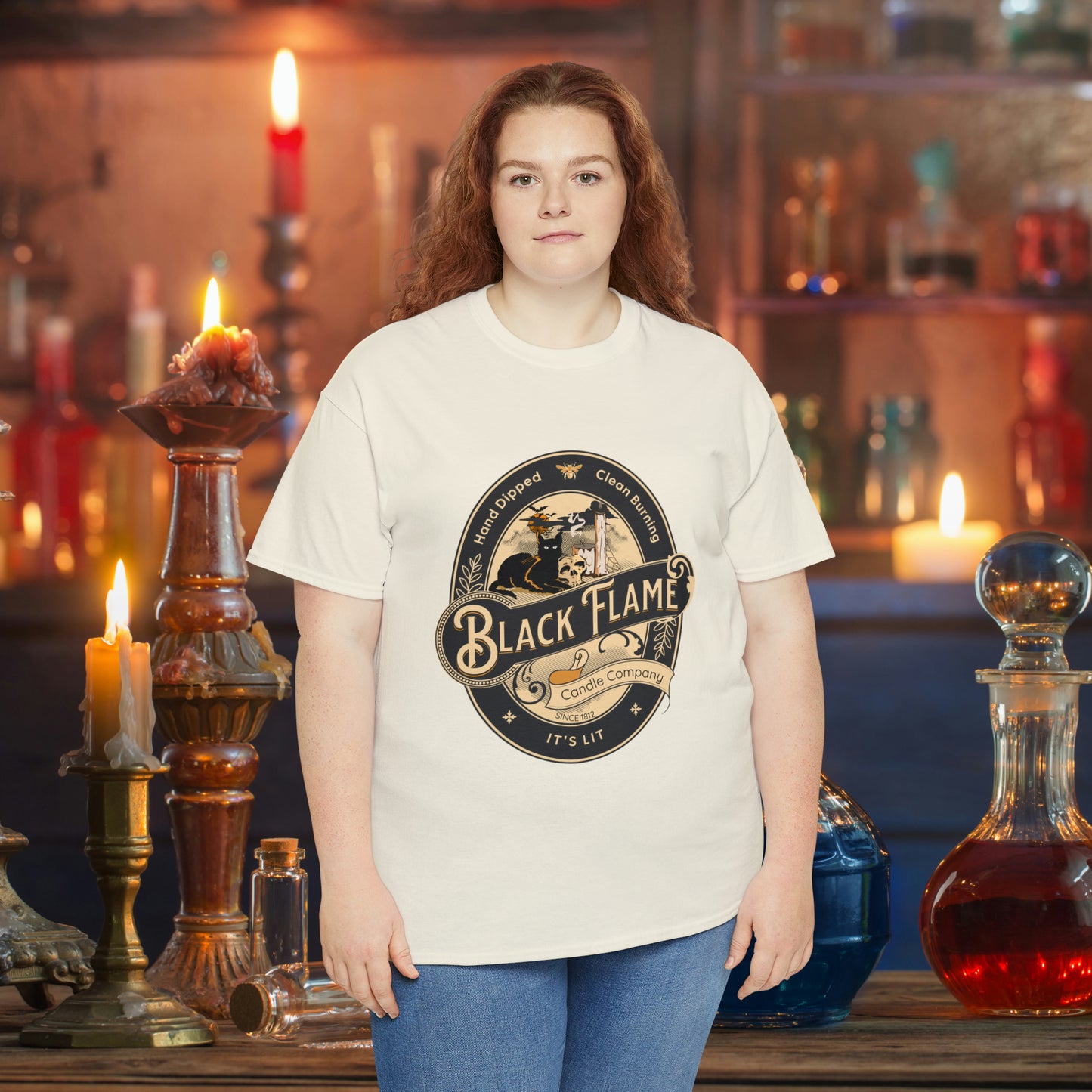 Black Flame Candle Company Black Cat Spooky Halloween Witch Shirt