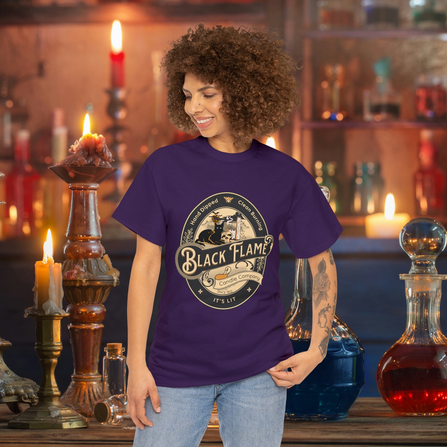 Black Flame Candle Company Black Cat Spooky Halloween Witch Shirt